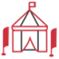 Red tent with flags, set against a plain background, suggesting an event or gathering context.
