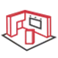 Red and grey logo featuring a stylised exhibition space with screens and displays.