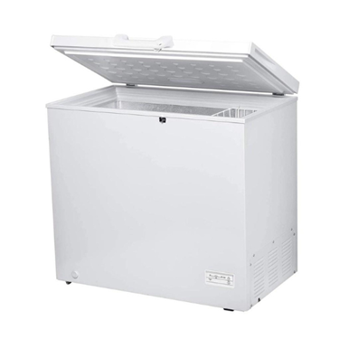 White chest freezer with an open lid, showcasing a spacious interior and textured surface.