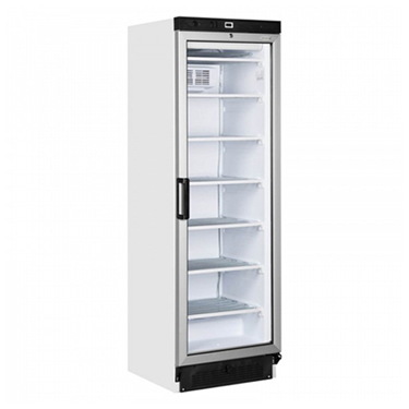 White glass-door freezer with multiple shelves and a black top, designed for displaying products.