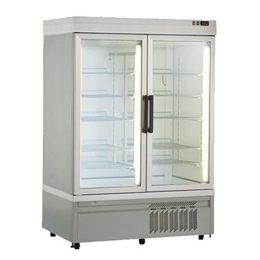 Double-temperature refrigerator with glass doors, featuring a stainless steel finish and interior lighting.