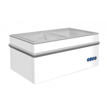 Sliding glass display freezer in white with a smooth surface and blue control buttons.