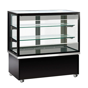 Refrigerated pastry display case with glass shelves, featuring a sleek black base and stainless steel accents.