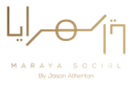 Gold logo for "Maraya Social" featuring modern typography and abstract design elements.