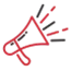 Red megaphone icon with sound waves, set against a black background, representing promotional announcements.
