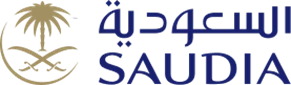 Saudia Airlines logo featuring blue text and an abstract golden falcon design.