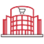 Red building icon representing a supermarket, set against a black background.