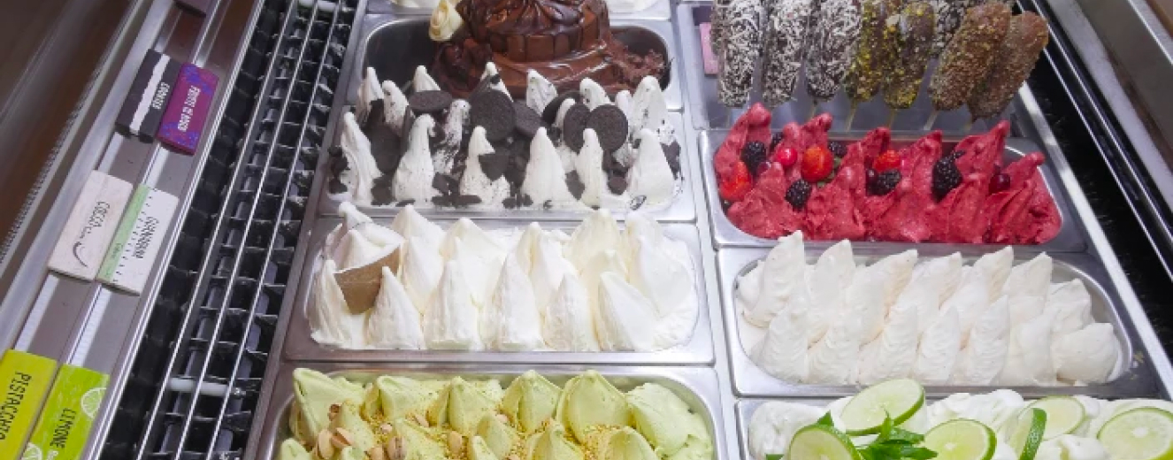 Variety of ice creams in silver trays, featuring chocolate, vanilla, green tea, and mixed berries.