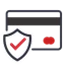 A black credit card with a red circle, featuring a shield symbol for security.