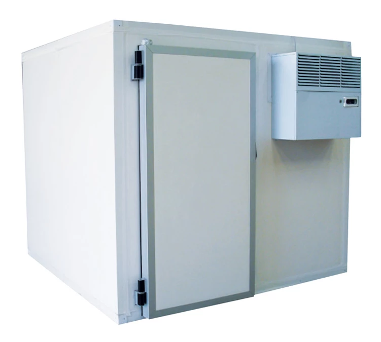 White refrigerated storage unit with a grey door and an air conditioning unit on the side.