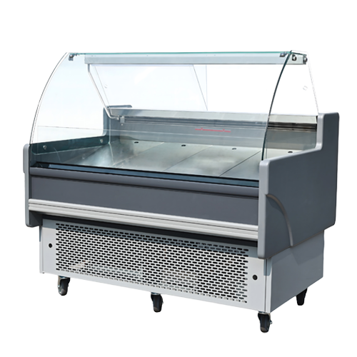 Curved glass display counter in grey, featuring a spacious interior and wheeled base for mobility.