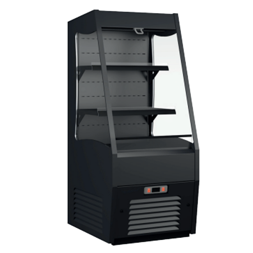 Black dairy display case with three shelves, designed for impulse purchases in retail settings.