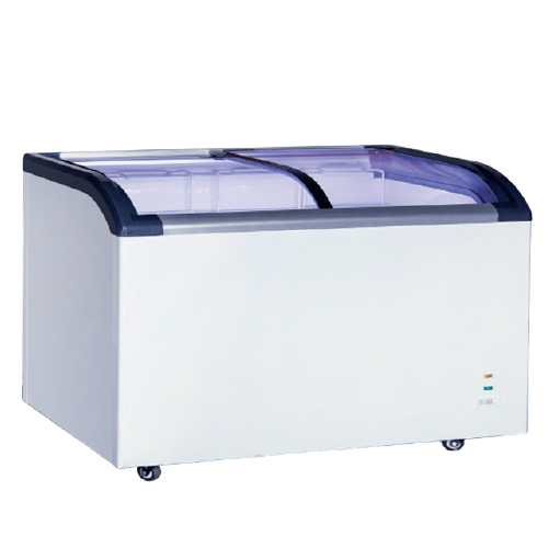 Curved glass display freezer in white with a dark blue lid, showcasing its sleek design.