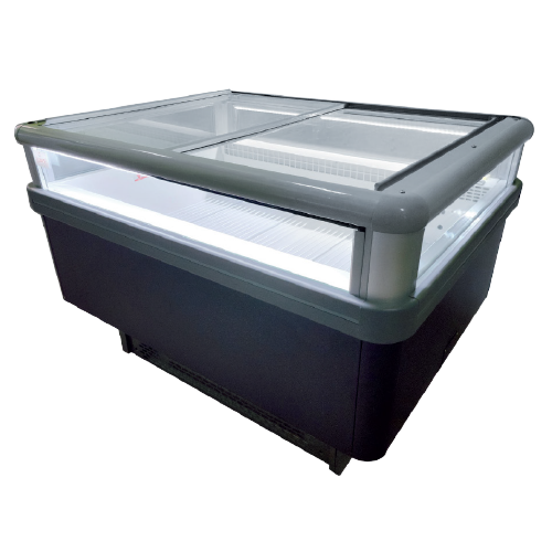 Open top display island with a transparent lid, featuring a sleek black base and silver trim.