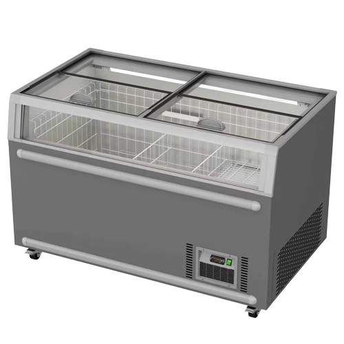 Curved glass display freezer in grey, featuring two compartments and a digital control panel.