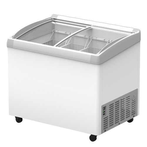 Curved glass display freezer in white, featuring two compartments and a grey lid.
