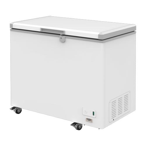 White 215L chest freezer with a silver handle and wheels for mobility.