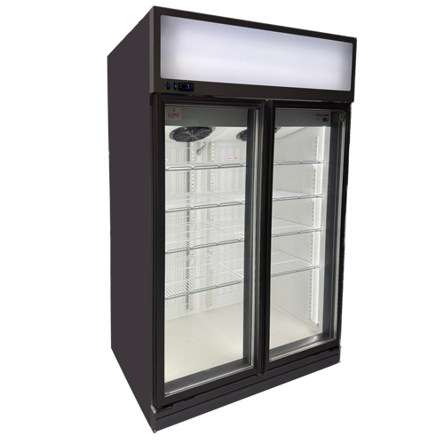 Black two-door display freezer with transparent glass doors and interior shelving, illuminated from above.