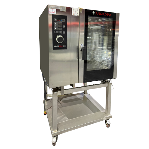 Stainless steel 10 tray combi steam oven with a glass door and digital control panel.