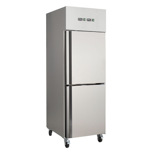 Stainless steel 530L upright freezer with two doors and caster wheels for mobility.