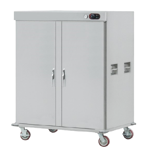 Two-door warmer cart in stainless steel with wheels for mobility, designed for food storage.