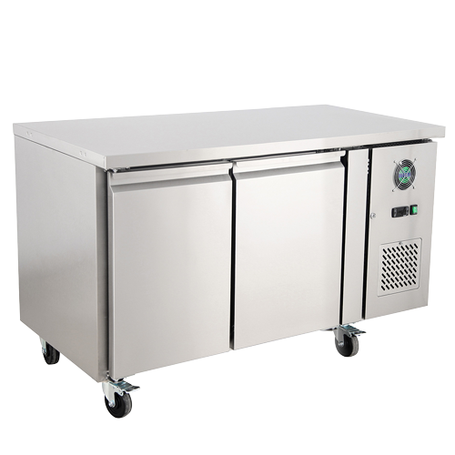 Stainless steel 314L bench freezer with two doors and wheels for mobility.