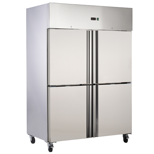 Upright freezer with stainless steel finish and four doors, mounted on wheels for mobility.