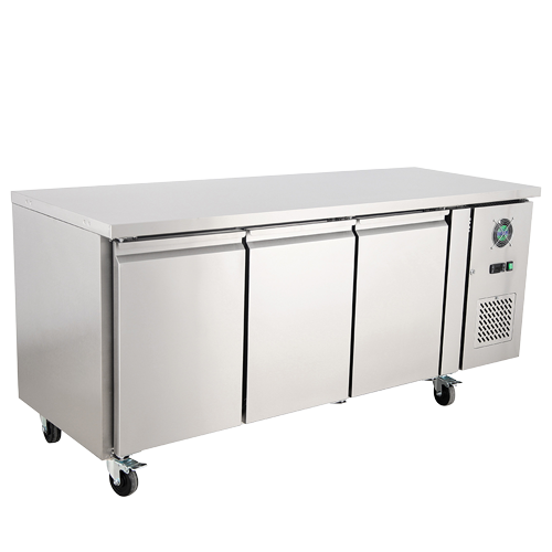 Stainless steel 540L bench freezer with three doors and wheels for mobility.