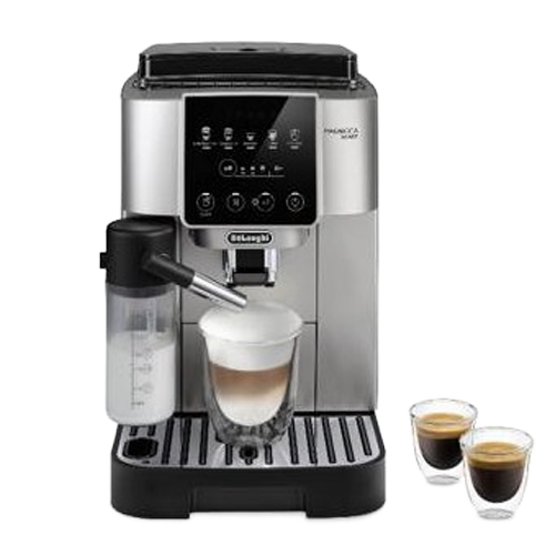 Silver coffee machine with a milk frother, glass of latte, and two espresso cups beside it.