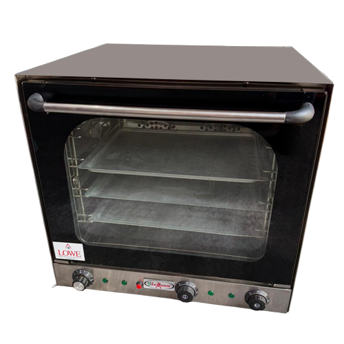 Black convection oven with transparent glass door and stainless steel controls, featuring two trays inside.