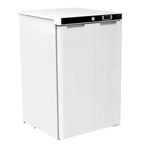 White 120L storage refrigerator with a sleek design and black accents on the top.