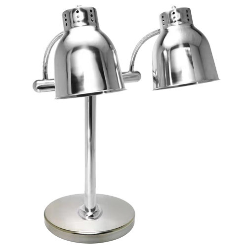 Two chrome heat lamps mounted on a silver base, designed for warming food items.