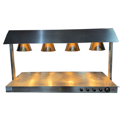 Stainless steel dual heat lamp with four golden bulbs, featuring a smooth, reflective surface.