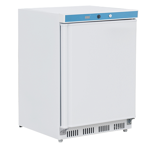 White 120L storage freezer with a blue top panel and front door.
