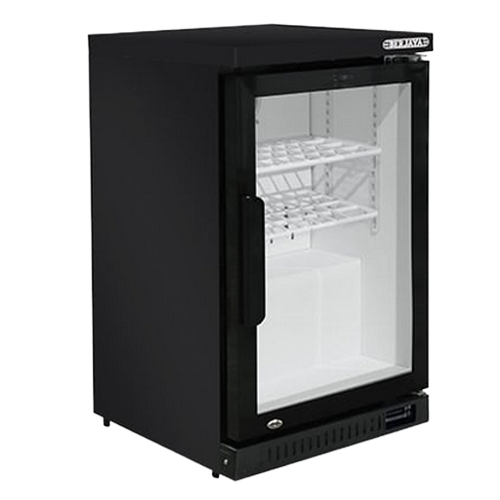 Black bar chiller with a glass door and wire shelves, featuring front venting for airflow.