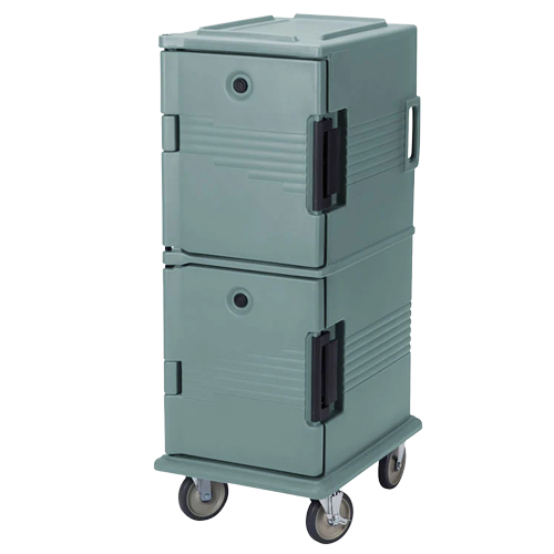 Green GN hot/cold box on wheels, featuring two stacked compartments and textured surface.