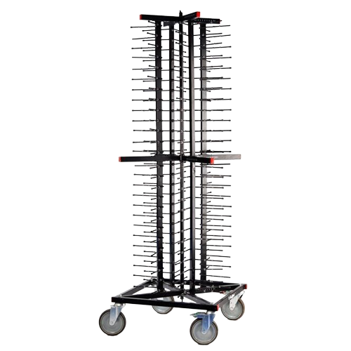Black jack stand on wheels, featuring multiple vertical slots for storage and organisation.