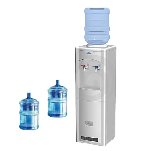 Silver water dispenser with two blue water bottles beside it.