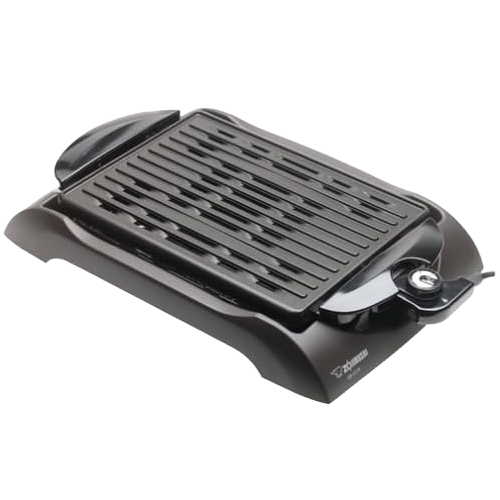Black barbeque grill with a textured cooking surface, designed for outdoor cooking.