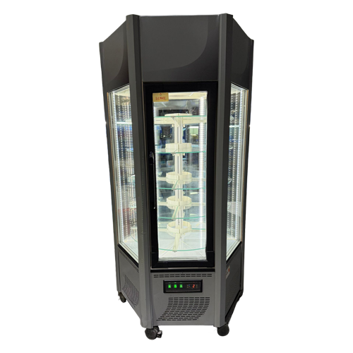 Black six-sided glass door display chiller with illuminated interior showcasing various products.
