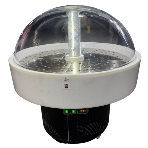 Isola 1.3m dome display chiller with a transparent dome and white base, featuring green indicator lights.