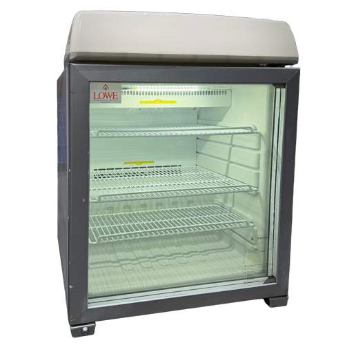 Countertop freezer with a glass front, silver frame, and empty wire shelves inside.
