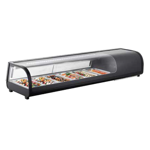 Sleek black sushi display case showcasing colourful sushi varieties under a glass cover.