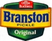 Branston Pickle logo featuring bold yellow and blue text on a green background.