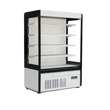 Dairy display case with a black and white exterior, featuring five glass shelves and a cooling unit.
