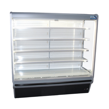 LED multideck dairy case with transparent glass shelves and a sleek silver frame.