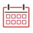 Red calendar icon with a black background, featuring seven square date boxes.