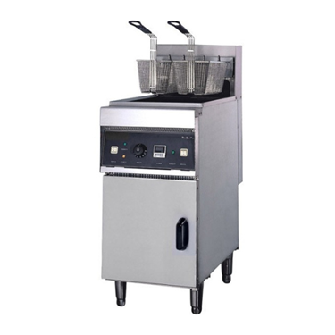Stainless steel floor-standing dual deep fat fryer with two baskets and control panel.