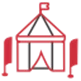 Red and grey tent icon with a flag, representing events and gatherings.
