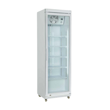 White upright display chiller with glass doors and multiple shelves, designed for showcasing products.